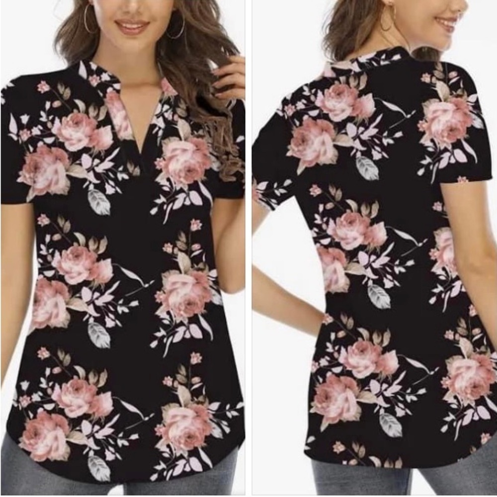 NWT Beauhuty Black Floral Split V-Neck Tunic Plus Size 2X